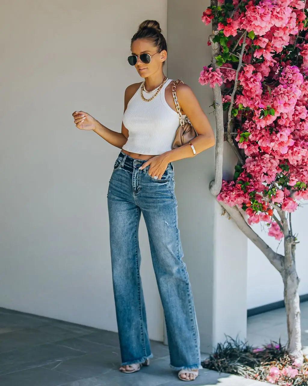 Women's High Waist Loose Jeans - Wide Leg Fashion Boyfriend Denim Pants - JVMCL