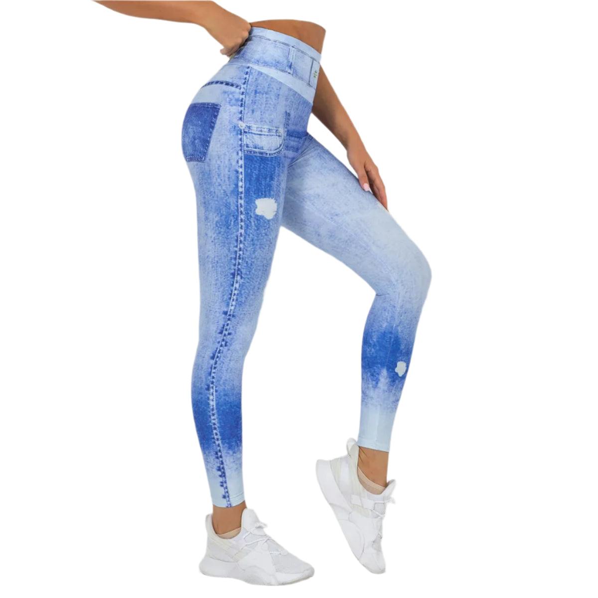 Stylish & Sporty Fitness Light Denim Print High-Waist Push-Up Leggings Trousers - JVMCL