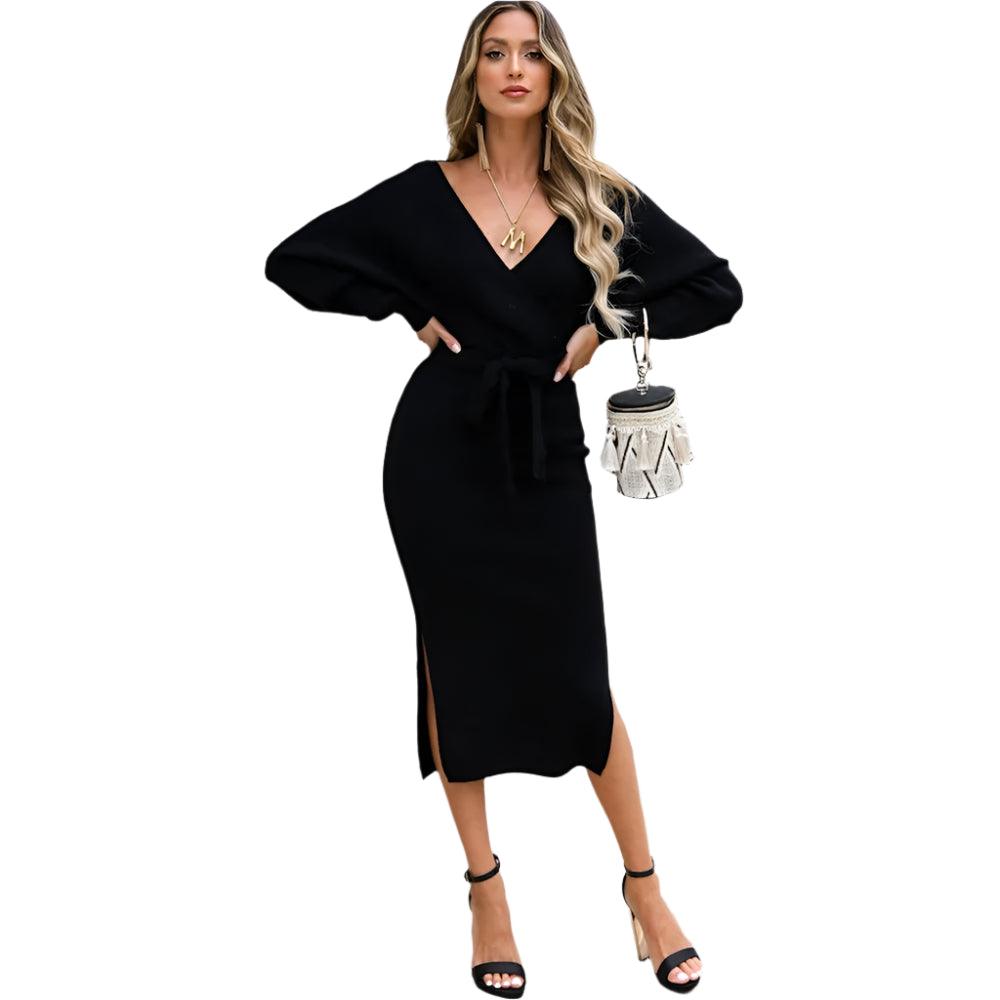 Cross-Border Fashion Lace-Up Knitted Dress – Sexy Slim Fit V-Neck Midi Sweater Dress for Women - JVMCL