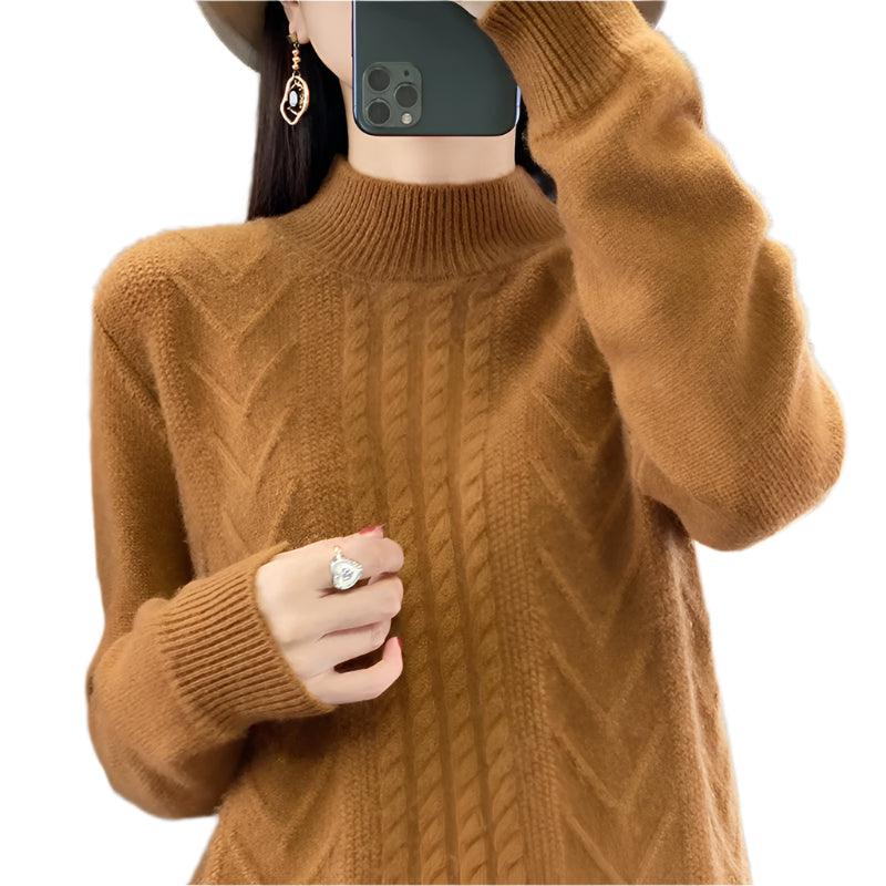 Long-Sleeved -High-Necked Twisted Knit Wool Pullover Sweater for Autumn/Winter - JVMCL