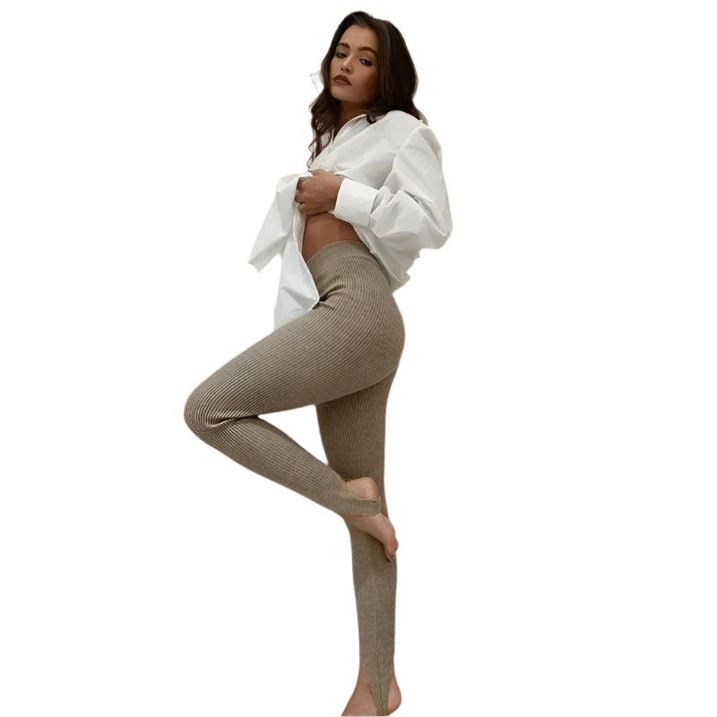 Tossy Beige Ribbed Knit Leggings - Women's High Waist Cotton Fitness Basic Pants - JVMCL