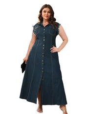 Elegant Button-Up Summer Fashion Denim Plus Size Sleeveless Maxi Dress