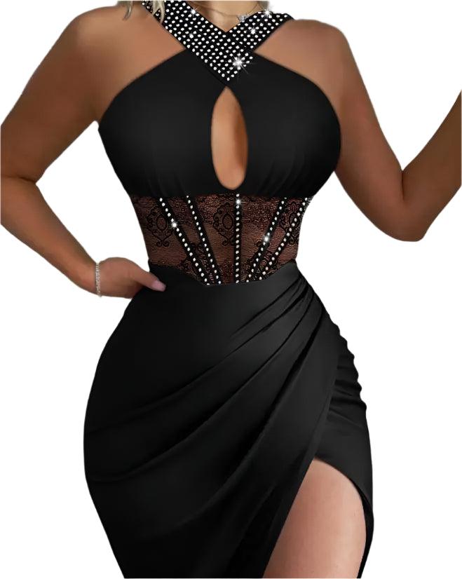 Premium Fabric Sexy Night Out Dazzling Rhinestone Ruched High-Slit Corset Dress - JVMCL