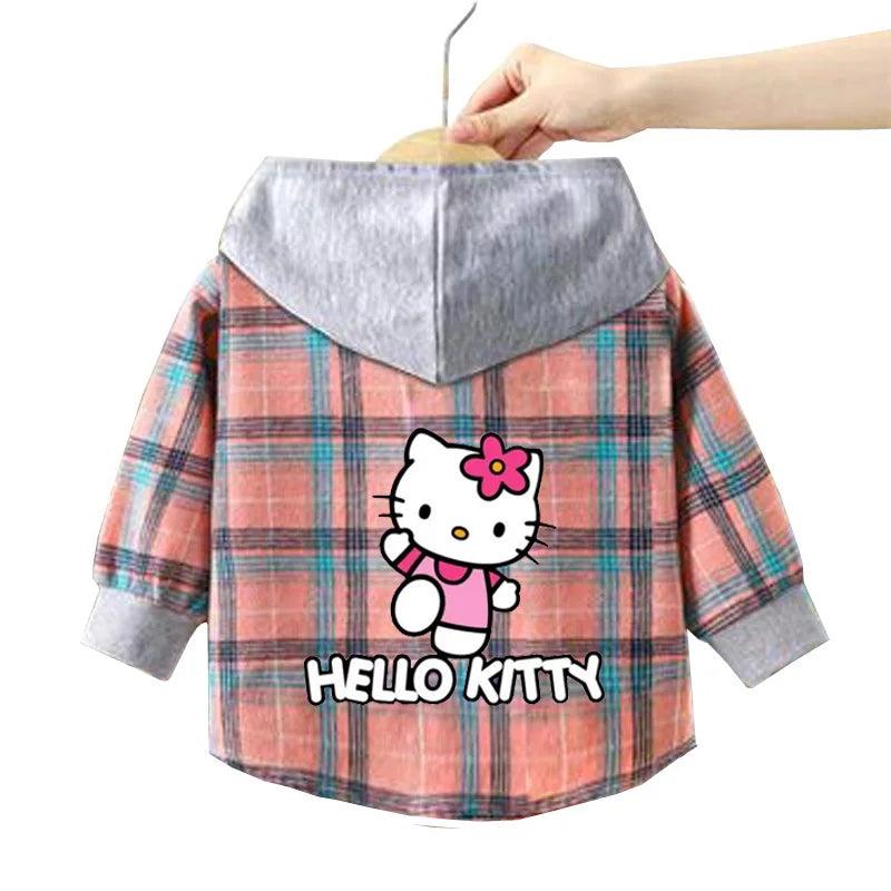 Kitty-Inspired Cute & Casual Hello Hooded Plaid Kids Shirt Outfit (1-12 Years) - JVMCL