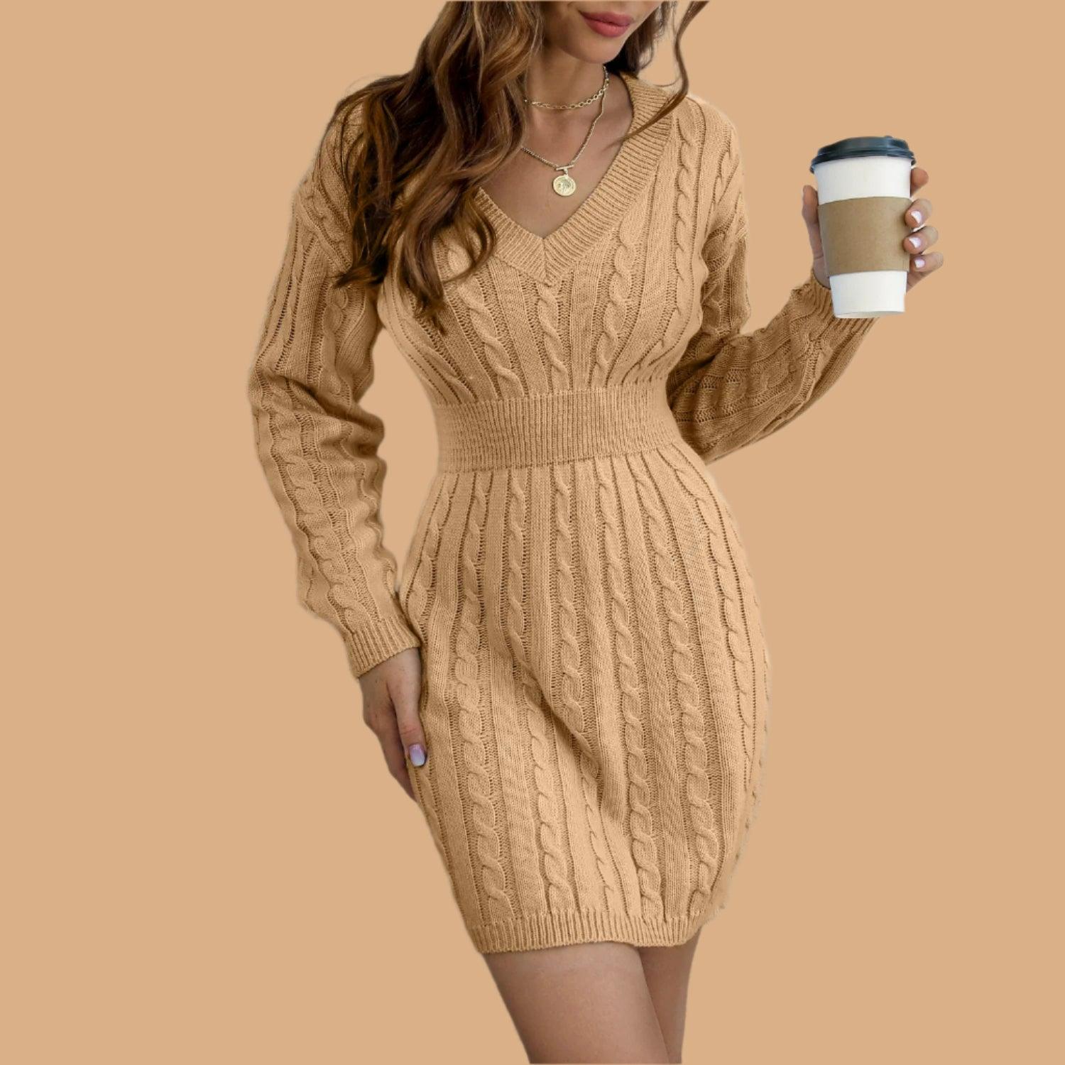 Knitted Solid Color V-neck Long-Sleeved Twist Waist Hip-Covering Sweater Dress - JVMCL