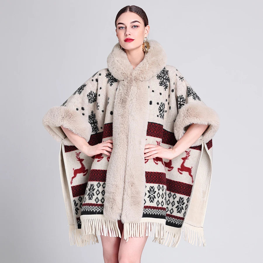 Luxury Women’s Faux Fur Wool Blend Cape Coat – Hooded Long Winter Cardigan Wrap - JVMCL