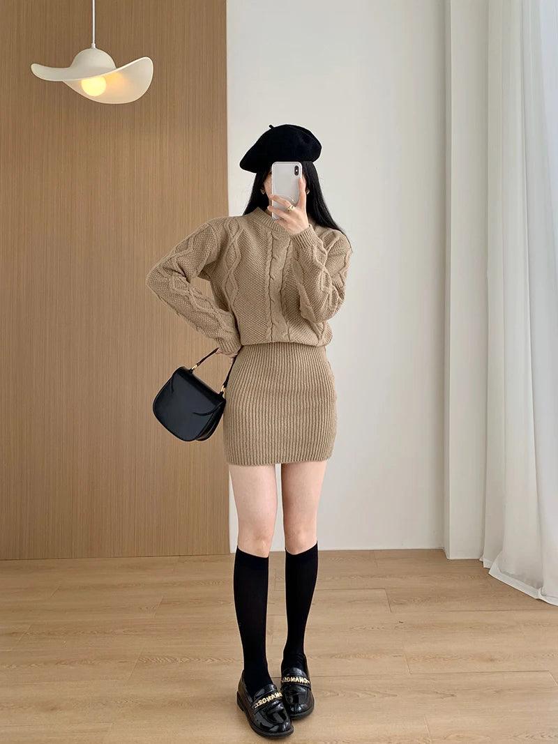 Ribbed Pullover Bodycon Batwing Sleeve Two-Piece Dress - JVMCL