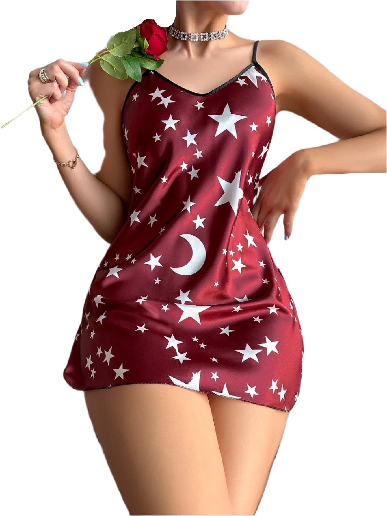 Moon & Star Print Satin Nightgown - Elegant Backless Slip Dress for Women - JVMCL