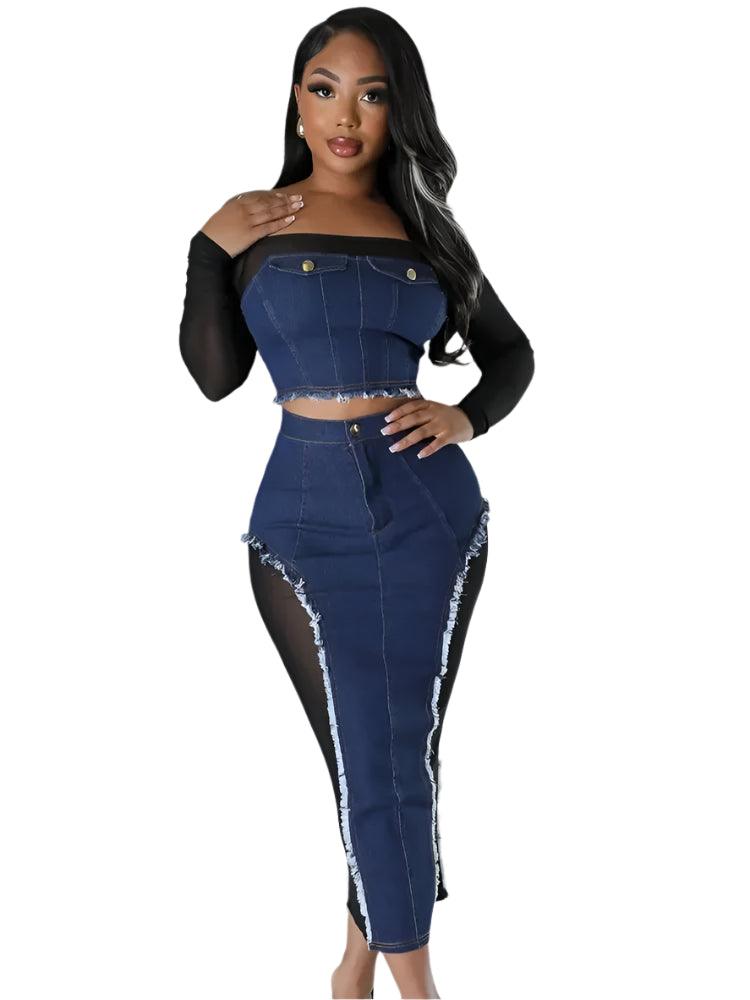 Elegant Mesh Patchwork Denim Dress Set – 2-Piece Clubwear Outfit for Women - JVMCL