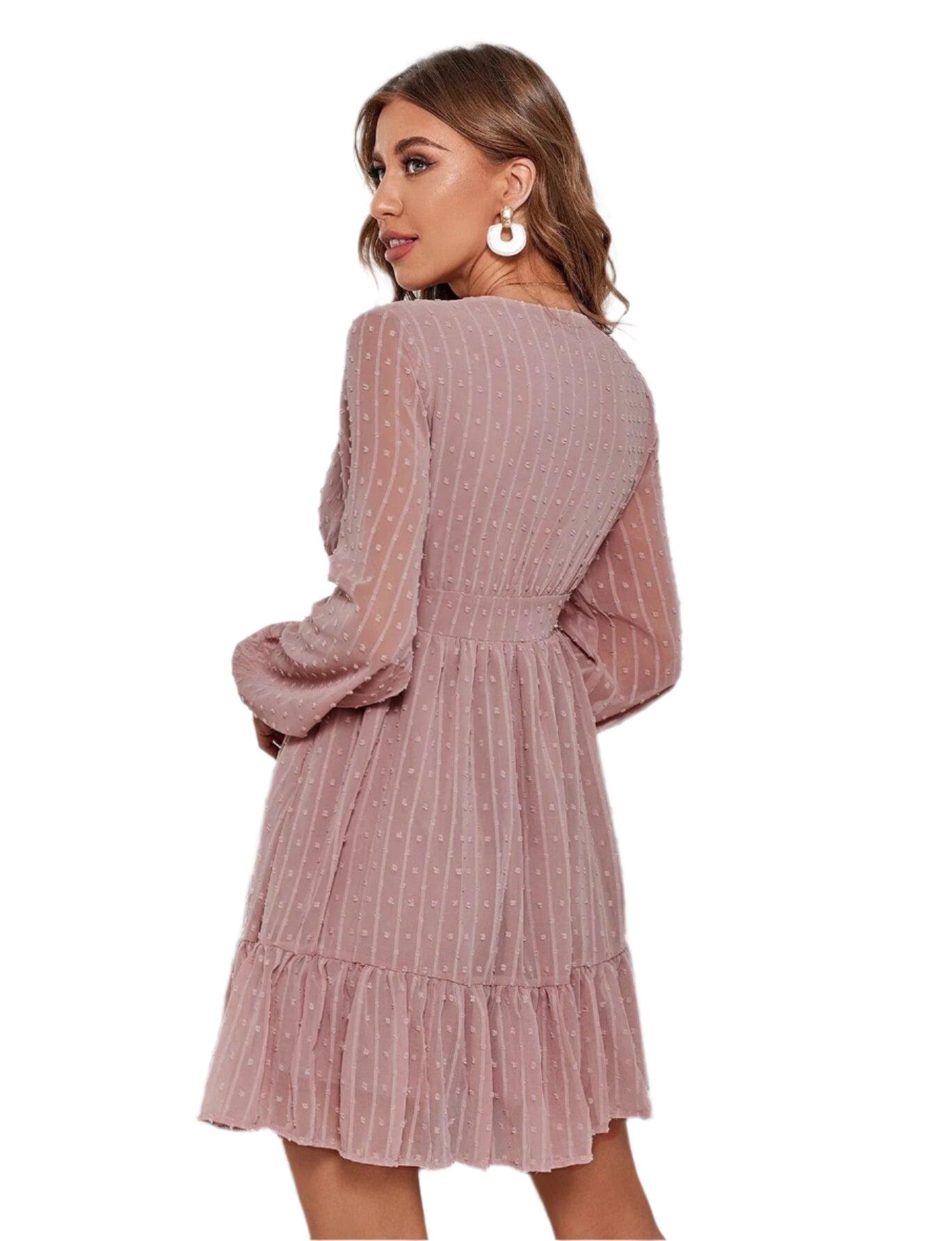 Lantern Sleeve Solid Color Long Sleeve V-Neck High Waist Women's Short Dress - JVMCL