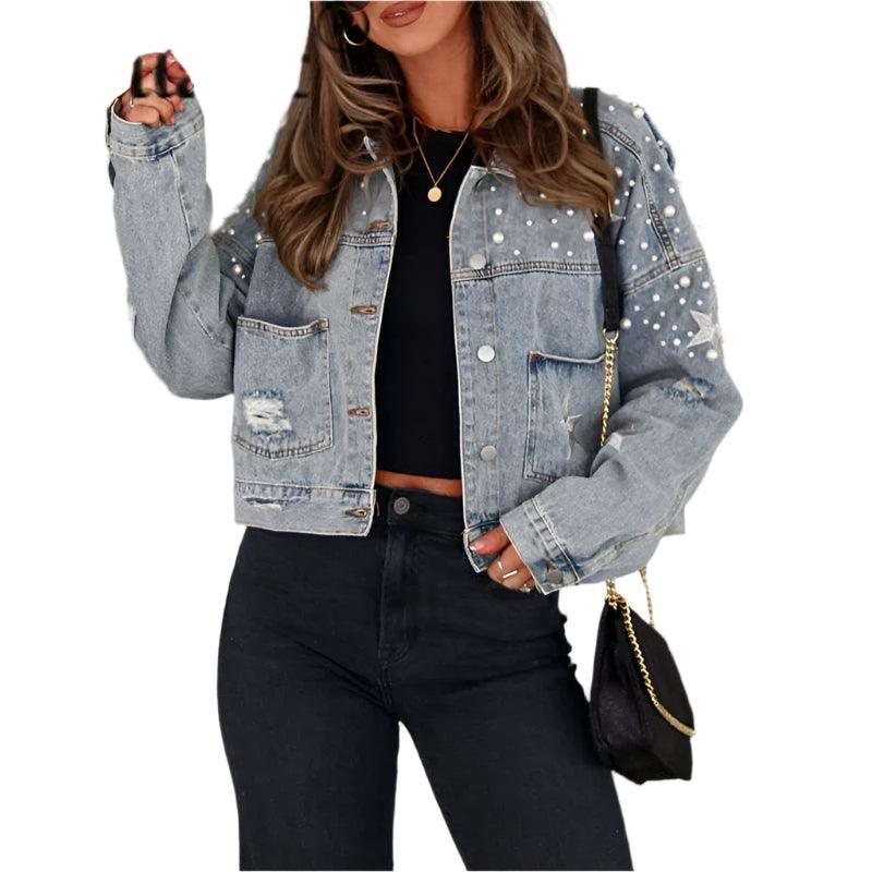 Vintage Casual Women's Bead Button Splicing Denim Jacket with Split Back Hem - JVMCL