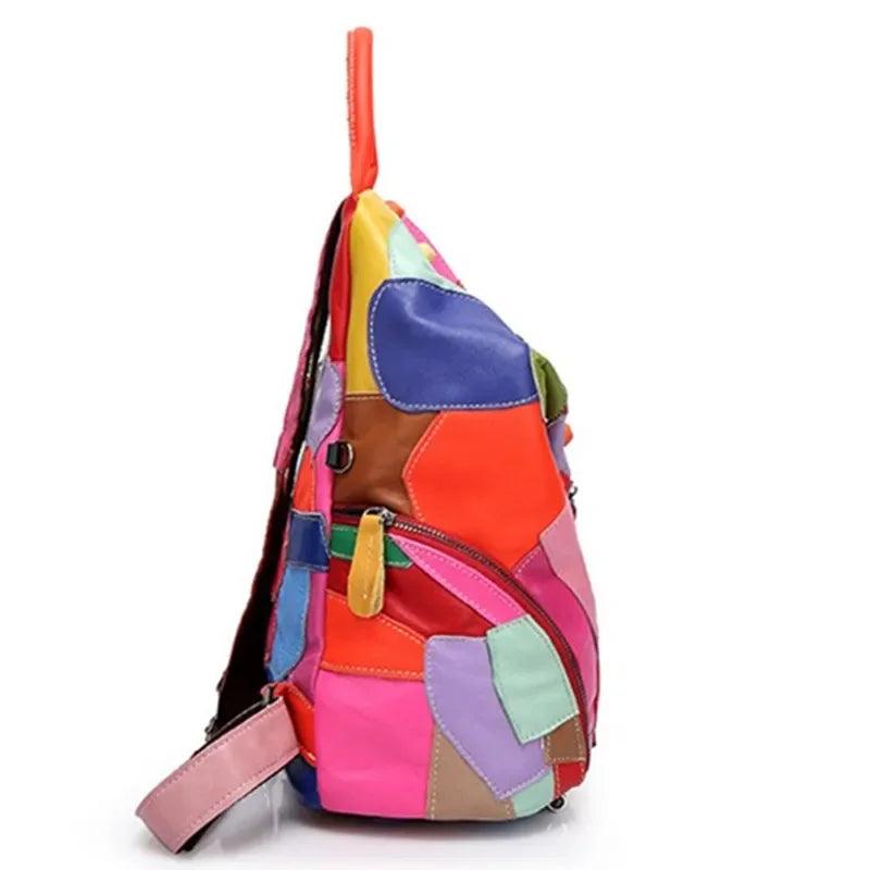 Women's Genuine Leather Backpack –Vintage Bucket Schoolbag with Patchwork Design - JVMCL