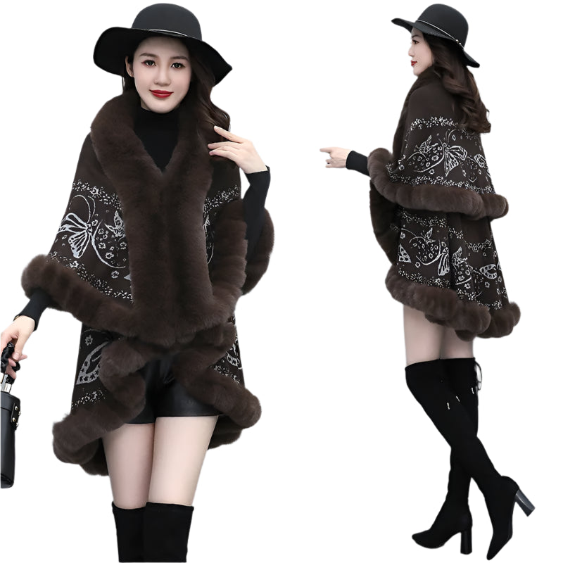 Two-Layered Winter Faux Fox Fur Collar Knitted Jacquard Weave Poncho Cardigan - JVMCL