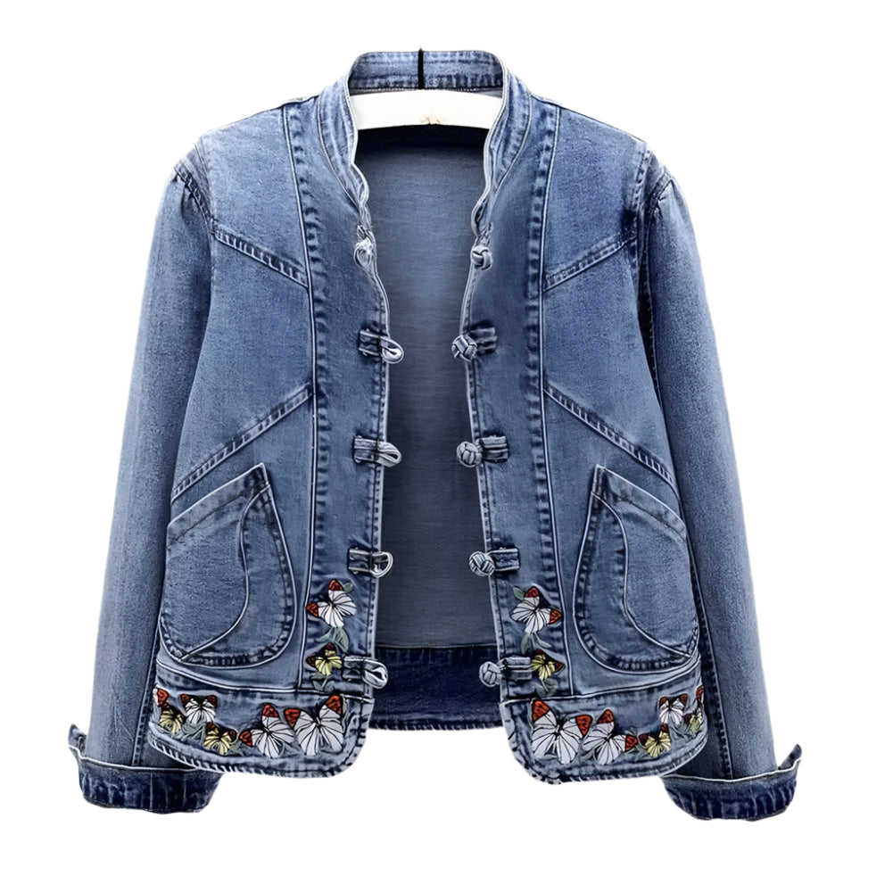 Women’s Retro Denim Jacket with Elegant Chinese Style Embroidery - JVMCL