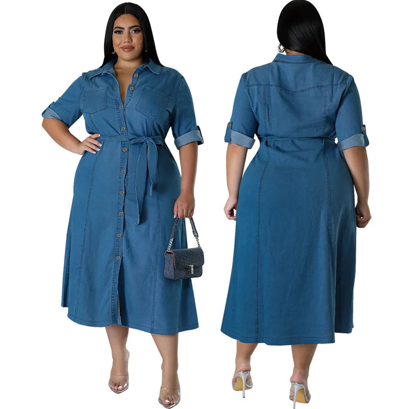 Plus Size Denim Midi Dress – Loose-Fit Street Style for Effortless Comfort