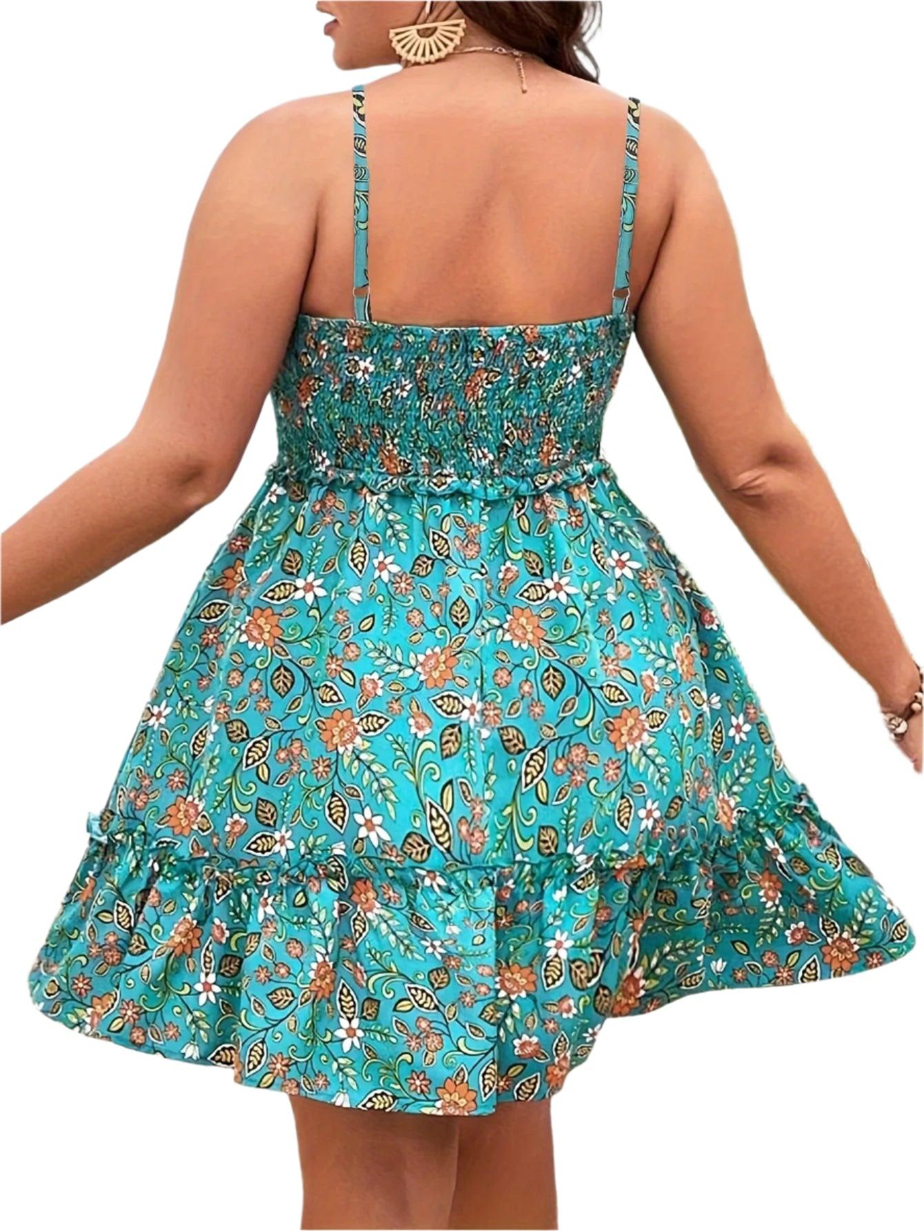 Plus Size Floral Print Ruffle Sling Dress - Elegant Summer Vacation Dress - JVMCL