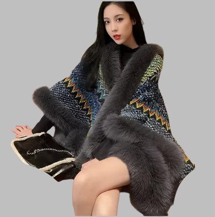 Bohemian Faux Silver Fox Fur Poncho – Knitted Wool Cloak & Luxury Shawl Wrap - JVMCL