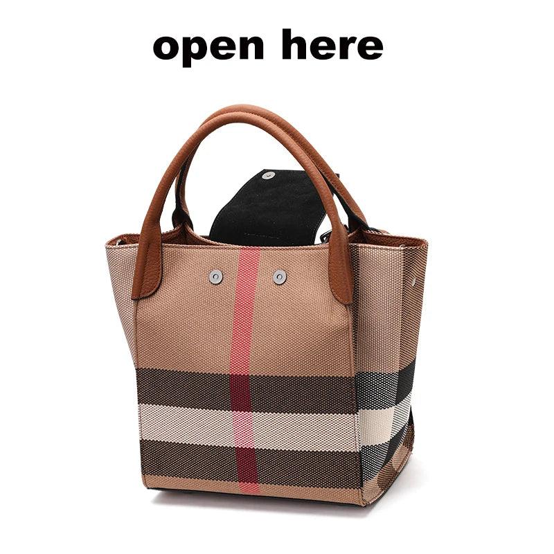 Classic Plaid Canvas & Cowhide Bucket Bag – High-End Women's Versatile Handbag - JVMCL