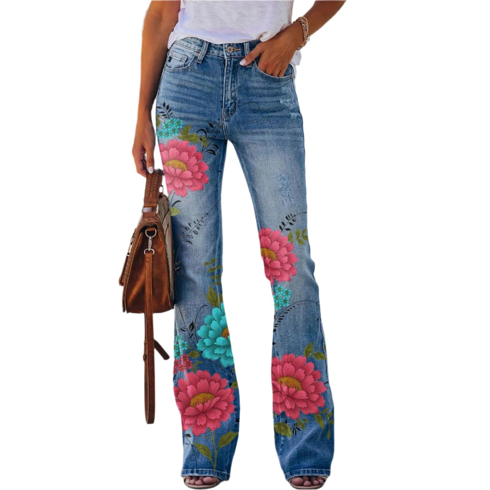 Retro Floral Printed Flared Jeans – Vintage Streetwear Bell Bottom Denim - JVMCL