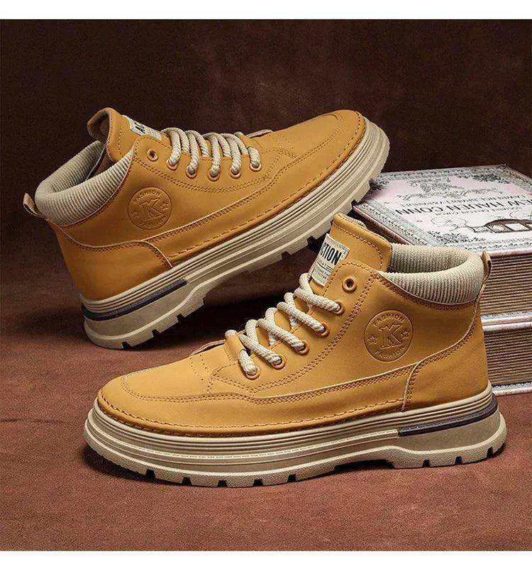 Men's High-Top Leather Work Boots – Yellow Casual Hiking Boots with Thick Bottom - JVMCL