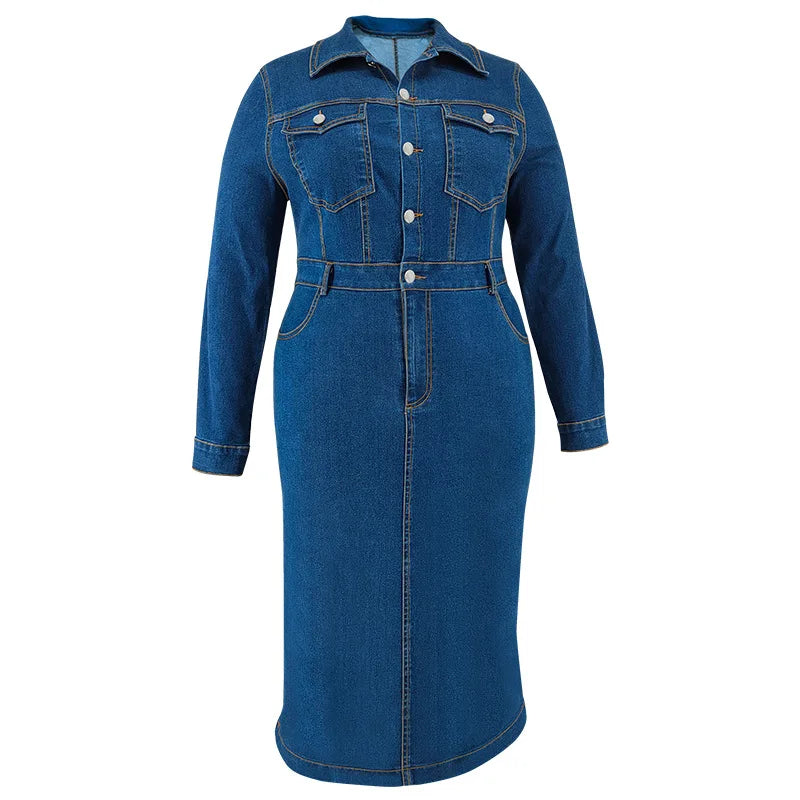 Winter Plus Size Button-Up Denim Dress – Long Sleeve Curvy Midi Jean Dress