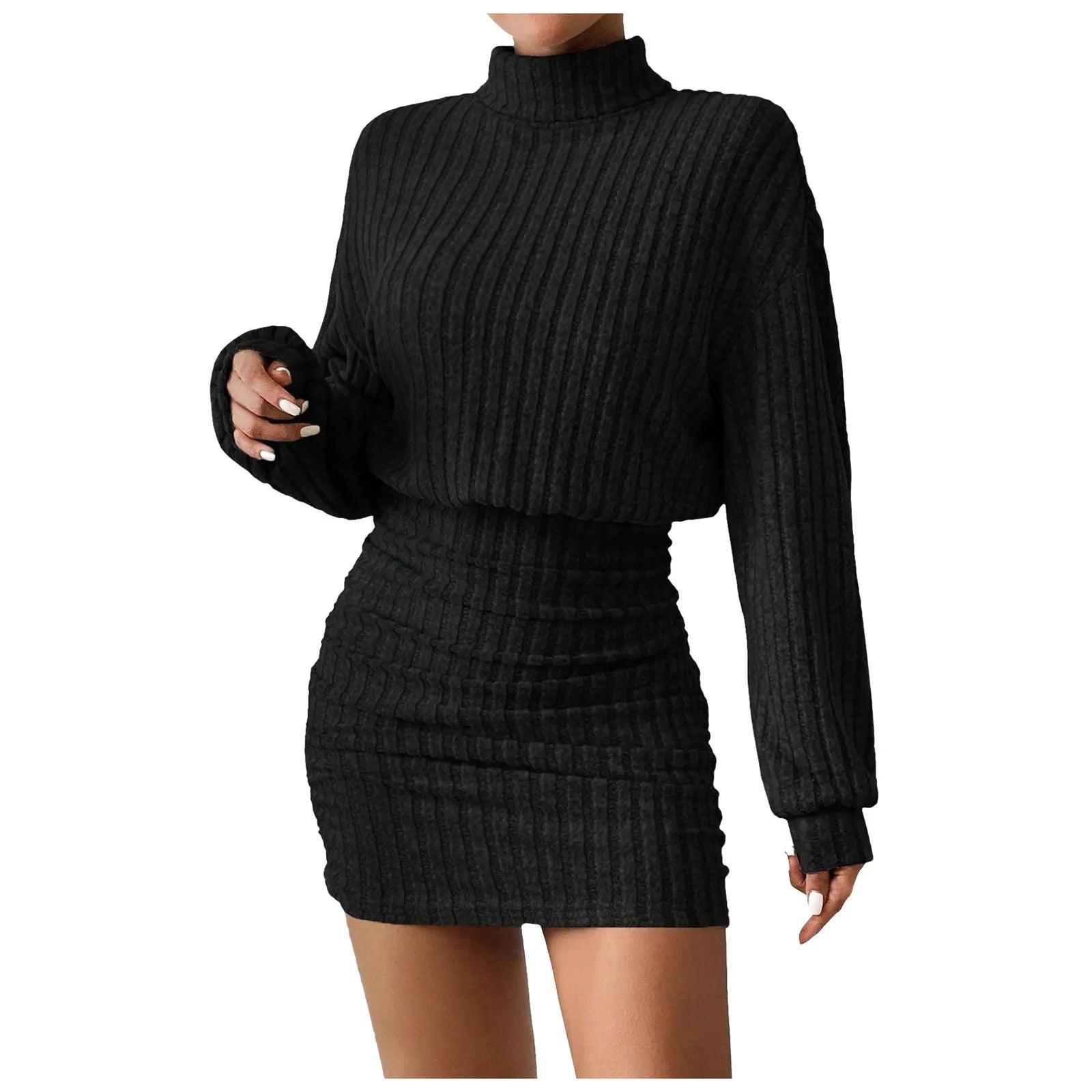 Casual Bodycon Women’s Long Sleeve Ribbed Knit Turtleneck Mini Sweater Dress - JVMCL