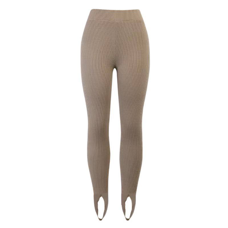 Tossy Beige Ribbed Knit Leggings - Women's High Waist Cotton Fitness Basic Pants - JVMCL