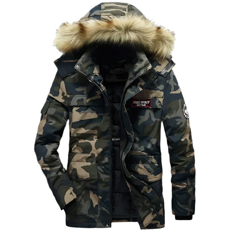 Men's Winter Camouflage Cargo Jacket - Thick Warm Parka with Fur Hood - JVMCL