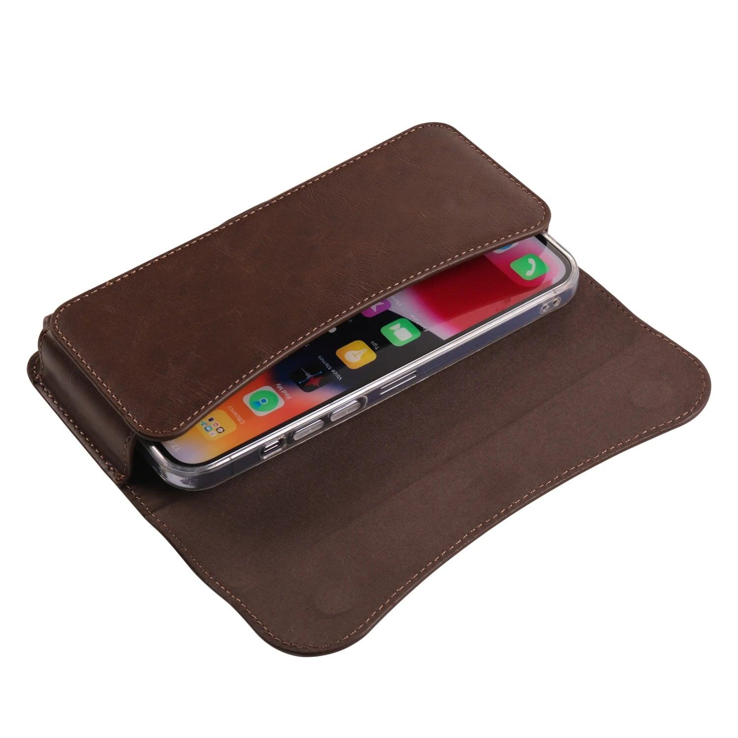 Crazy Horse Leather Horizontal Waist Phone Bag Pouch for Large Smartphones