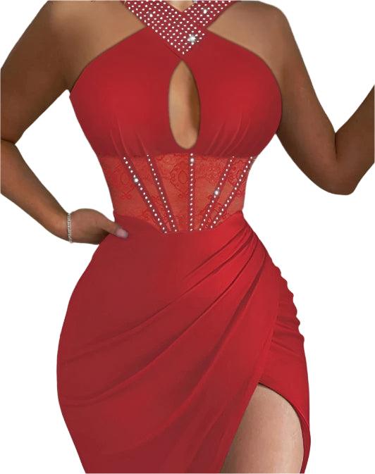 Premium Fabric Sexy Night Out Dazzling Rhinestone Ruched High-Slit Corset Dress - JVMCL