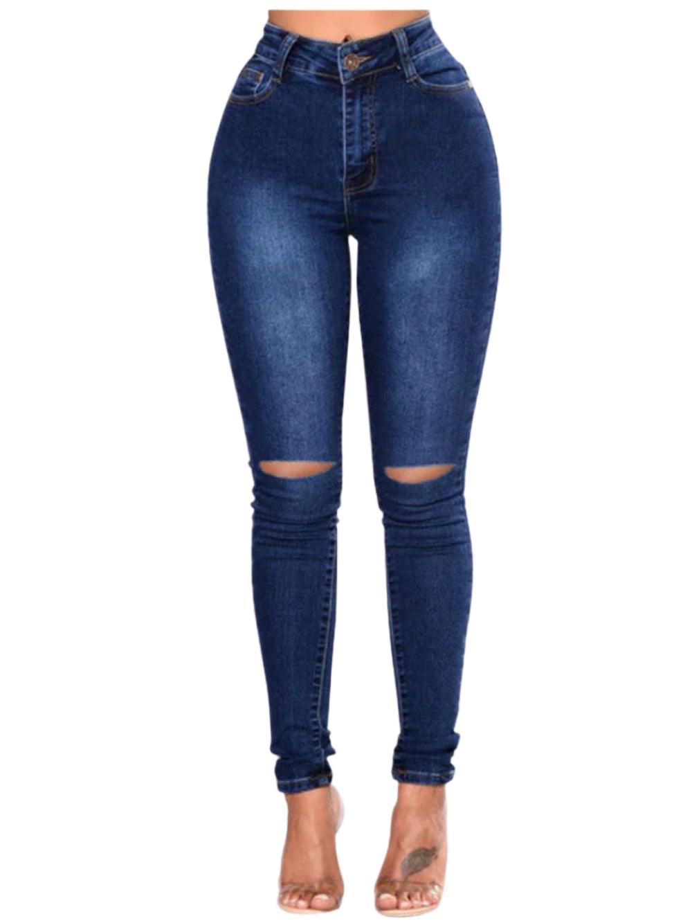 Ripped Jeans Stretchy Curve Plus Size High Waisted Hole Cute Classy Denim Pants - JVMCL