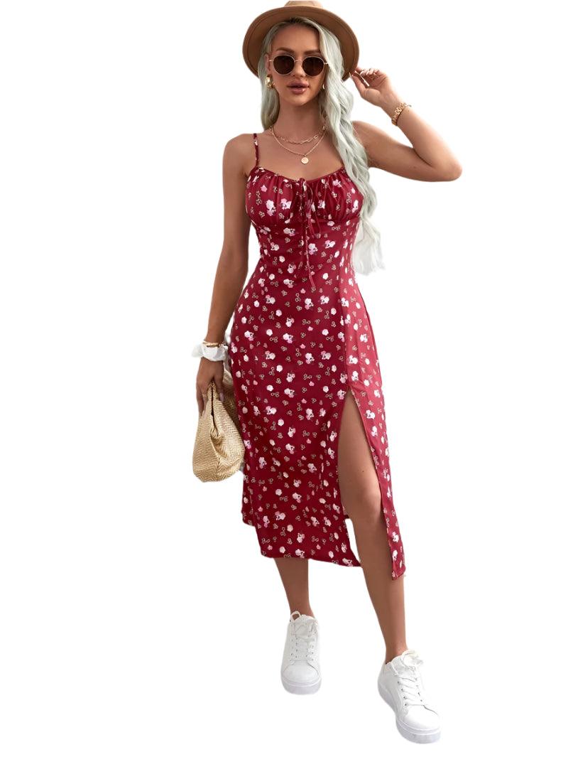 Elegant Floral Print Summer Split Dress - Slim Waist Spaghetti Strap Sheath Dress - JVMCL