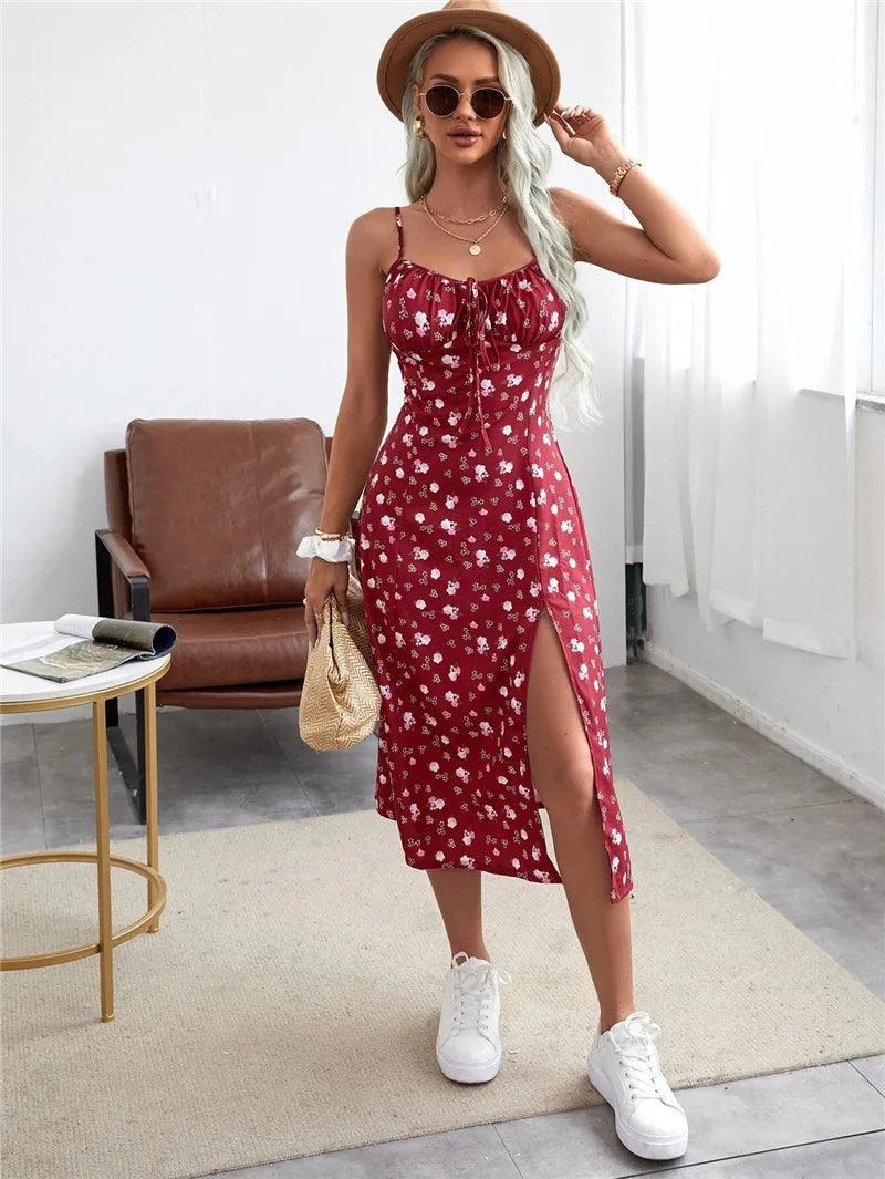 Elegant Floral Print Summer Split Dress - Slim Waist Spaghetti Strap Sheath Dress - JVMCL