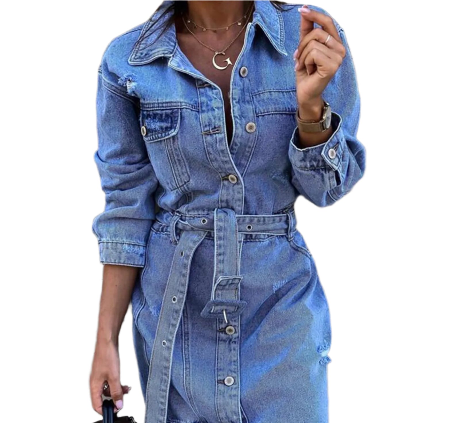 Slim-Fit  Casual Mid-Length Single-Breasted Stretch Denim Dress