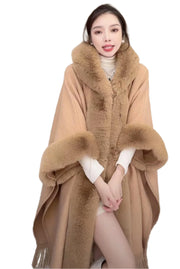 Hooded Thick Batwing Sleeve Faux Rabbit Fur Collar Velvet Cloak Tassel Poncho - JVMCL