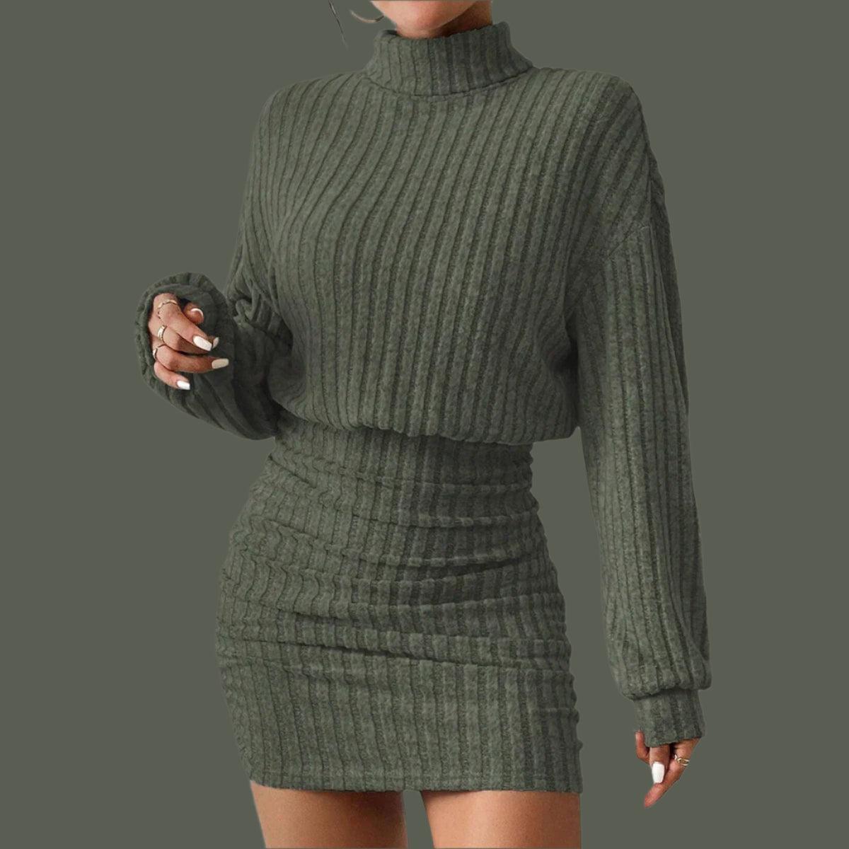 Knitted Pullover Mini Dress – Casual High Neck A-Line Dress with Lantern Sleeves - JVMCL