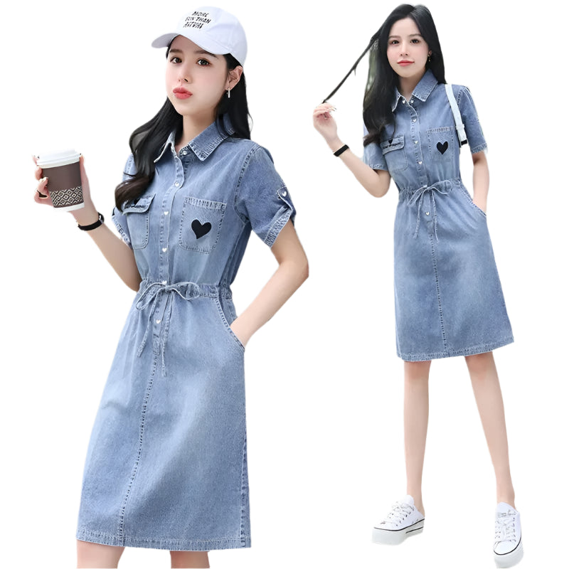 Women's Summer Slim Fit Lace-Up Single-Breasted Midi Denim Shirt Dress