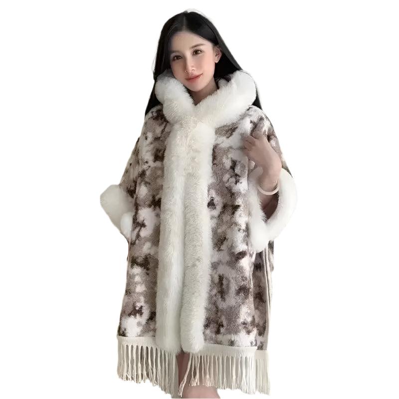 Hooded Overcoat Plaid Faux Lamb Fur Women’s Long Thick Velvet Poncho Cloak - JVMCL