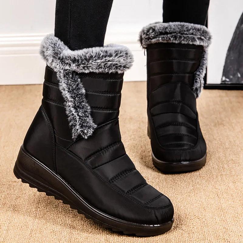 Women's Mid-Calf Snow Boots – Plush-Lined Platform Winter Boots with Down Upper - JVMCL