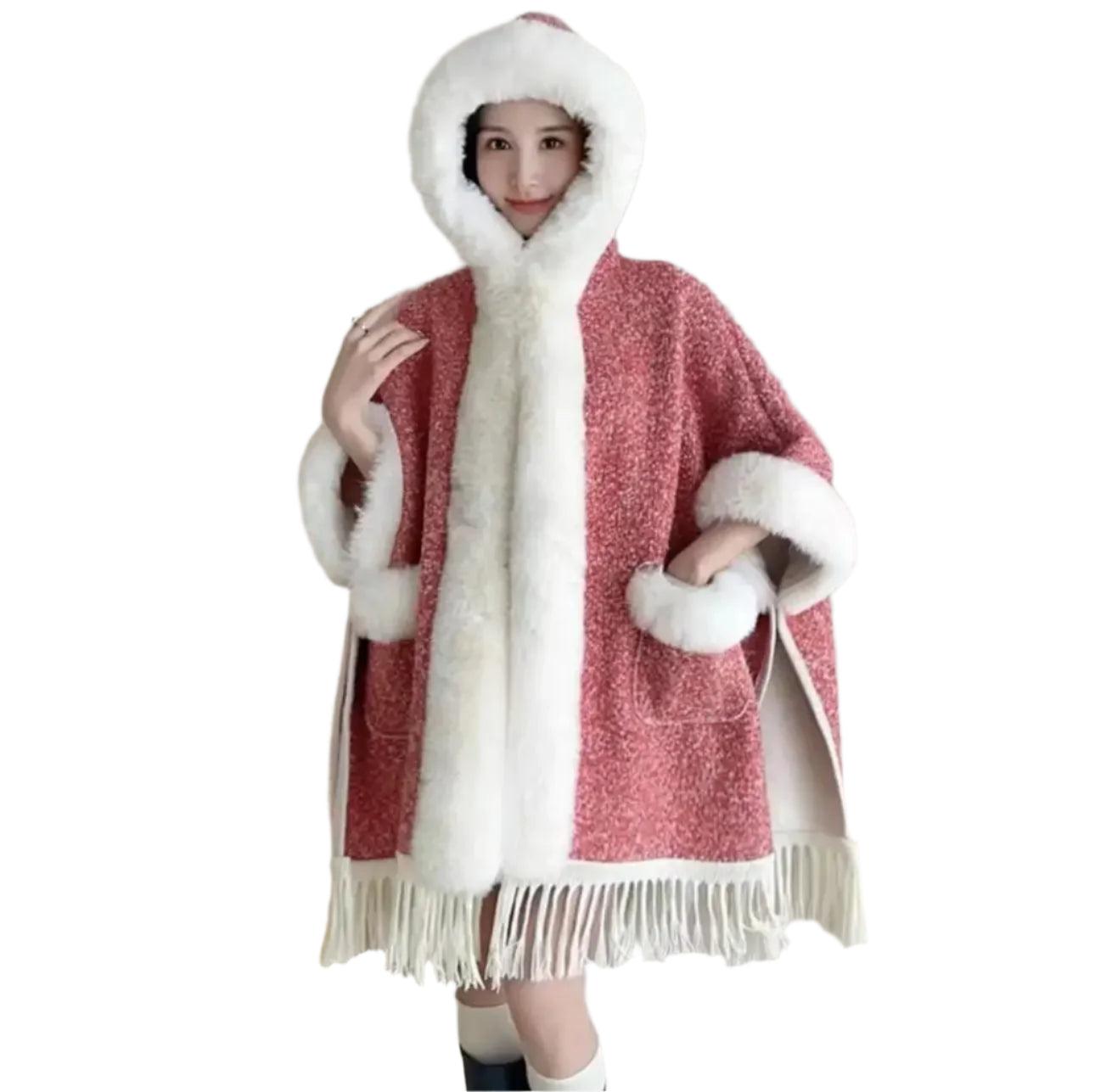 Hooded Overcoat Plaid Faux Lamb Fur Women’s Long Thick Velvet Poncho Cloak - JVMCL