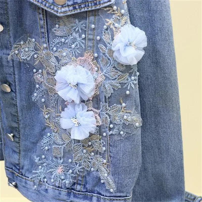 Women's 3D Flower Embroidered Denim Jacket – Loose Fit Korean Style Outerwear