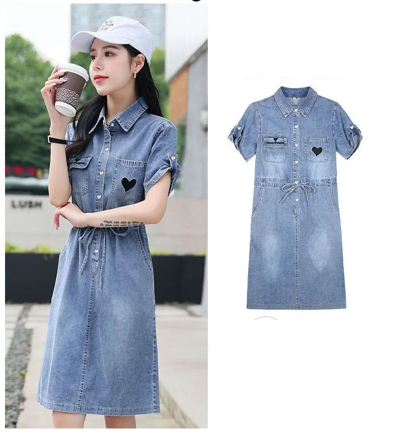 Women's Summer Slim Fit Lace-Up Single-Breasted Midi Denim Shirt Dress