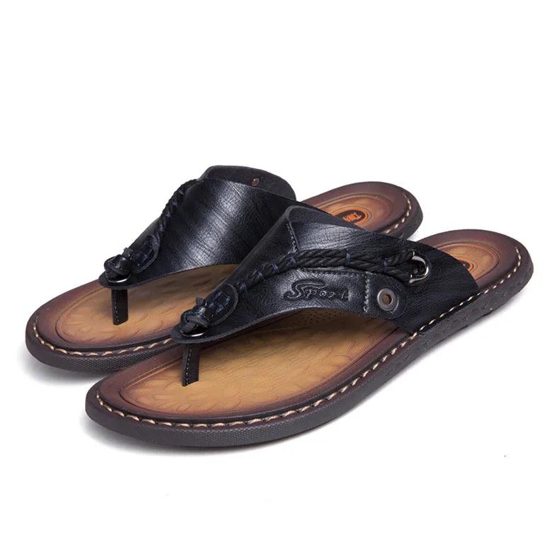 Handmade Leather Slippers Trendy Fashion Men's Flip-flops Outdoor Breathable Comfortable Men and Simple Sandals - JVMCL