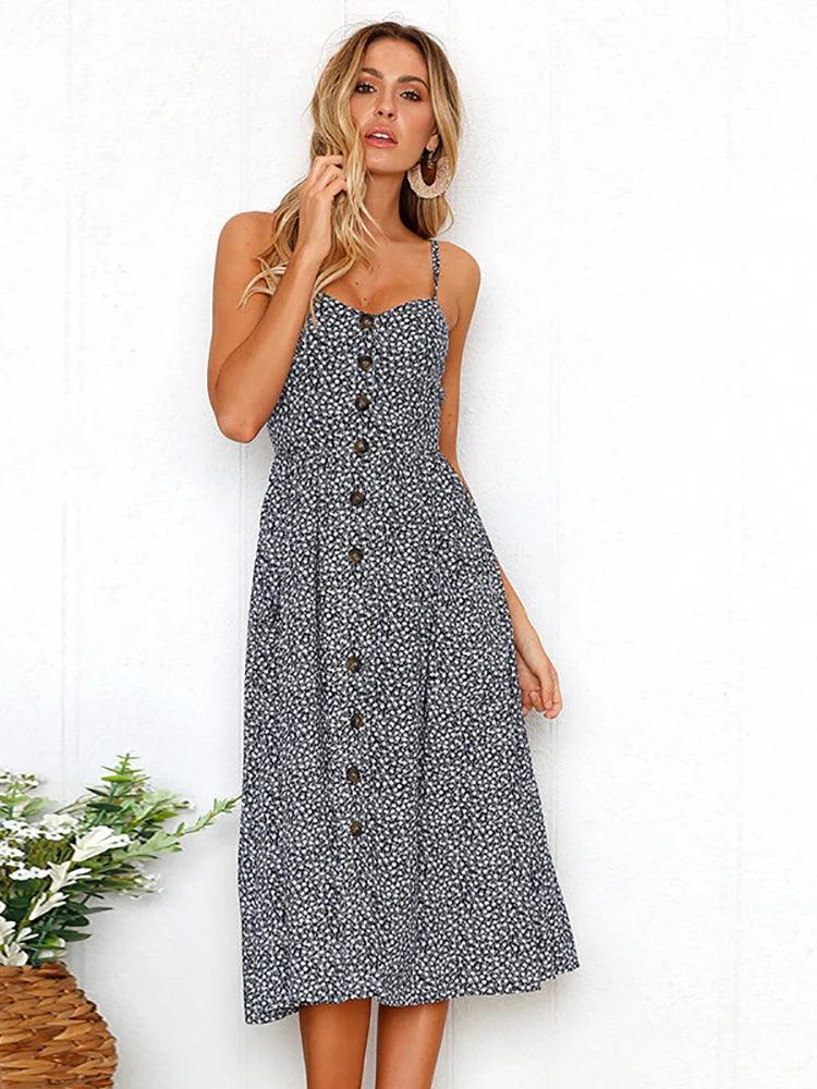 Elegance and Vintage Striped Floral Button-Up Boho Midi Sundress - JVMCL