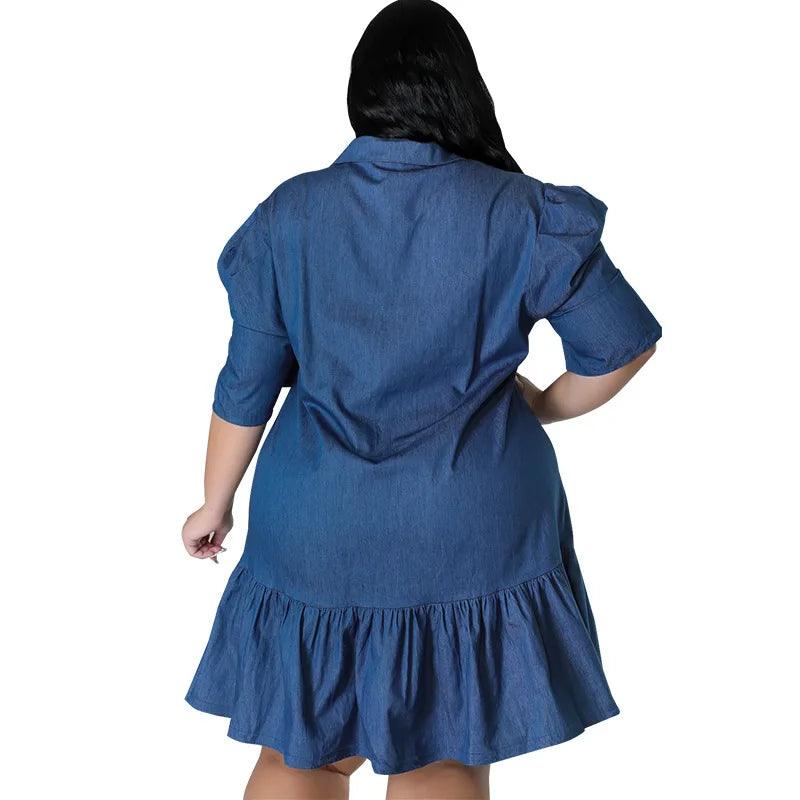 Plus Size Women’s Loose Casual Lapel Neck Short Sleeve Denim Mini Dress 3XL-5XL - JVMCL