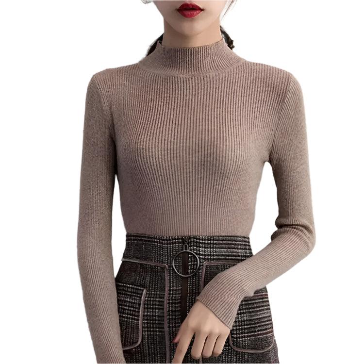 Autumn Winter Mock Neck Women Sweater - Vintage Basic Slim Knitted Casual Pullover - JVMCL