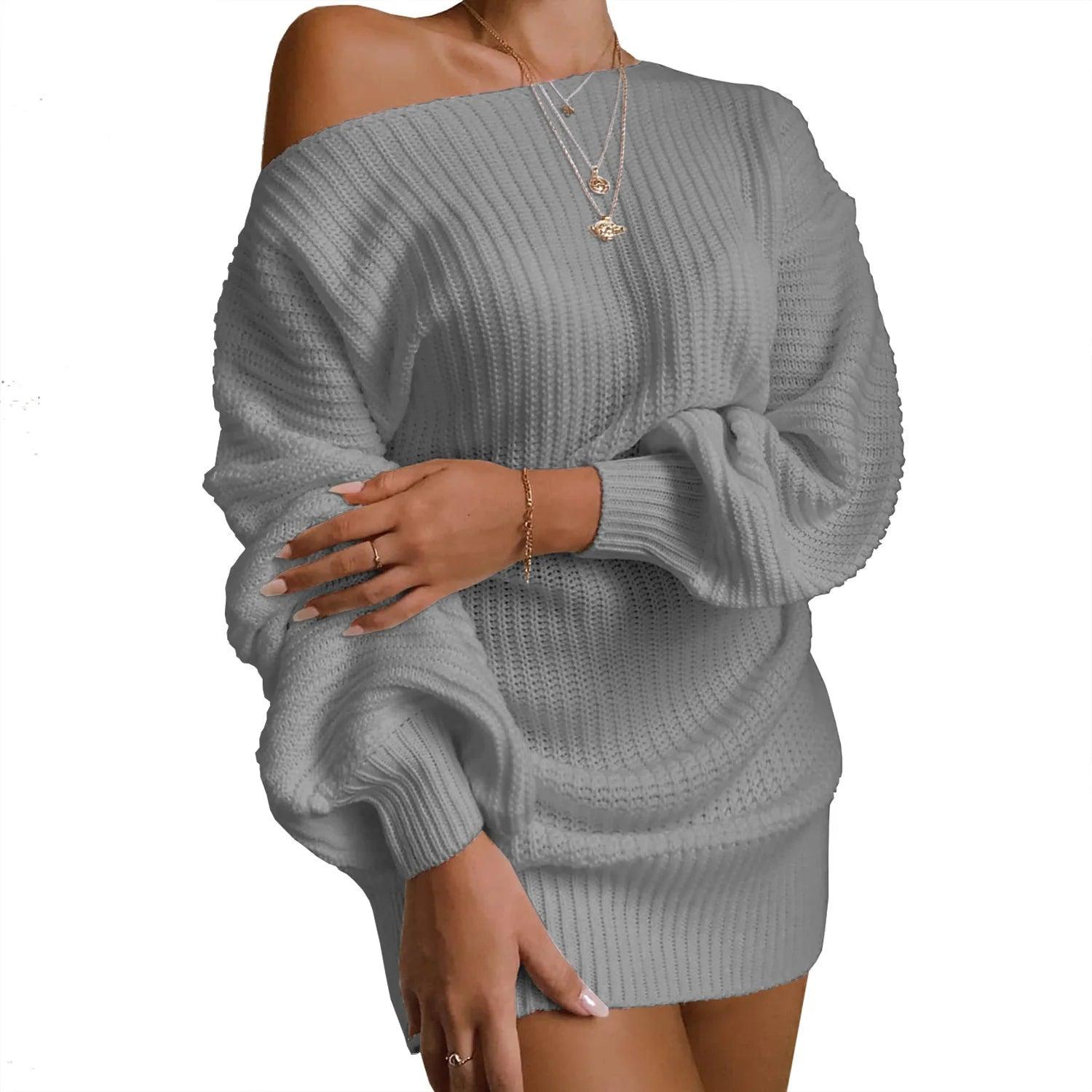 Women's Cold Shoulder Lantern Sleeve Mini Sweater Dress - Spring Fashion - JVMCL