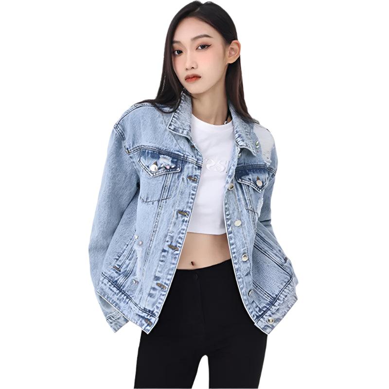 Women's Floral Embroidery Hole Denim Jacket-High Street Slim Fit Short Jean Coat - JVMCL