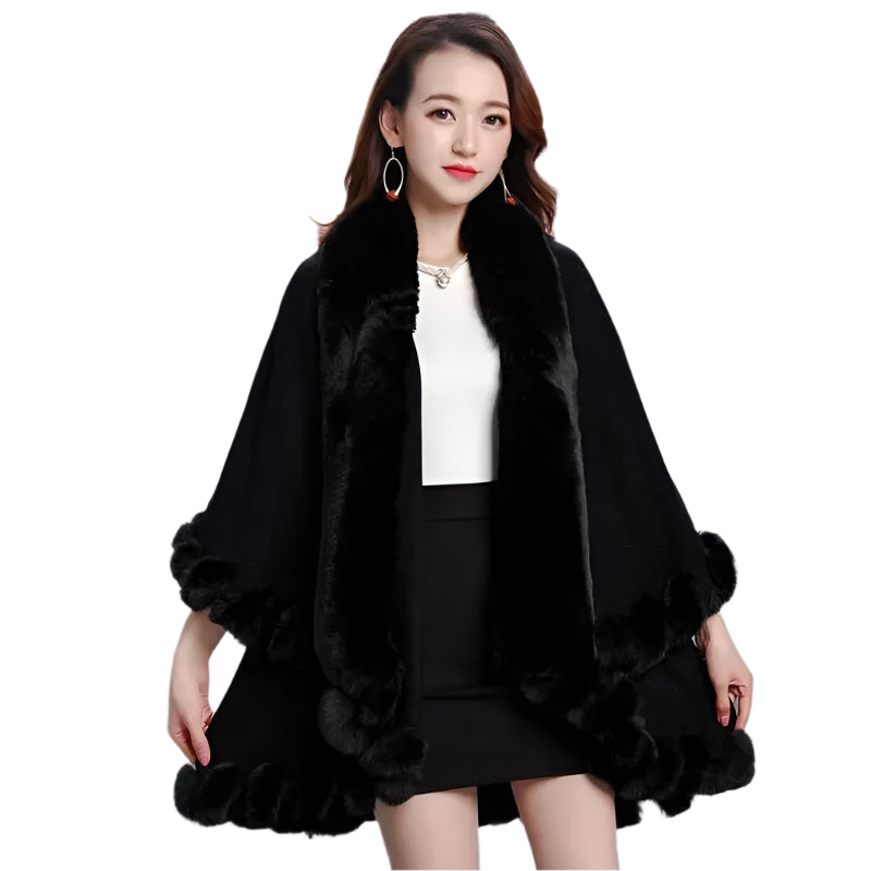 Women's Winter Knitted Poncho Cloak – Faux Rex Rabbit Fur Collar Pashmina Wrap