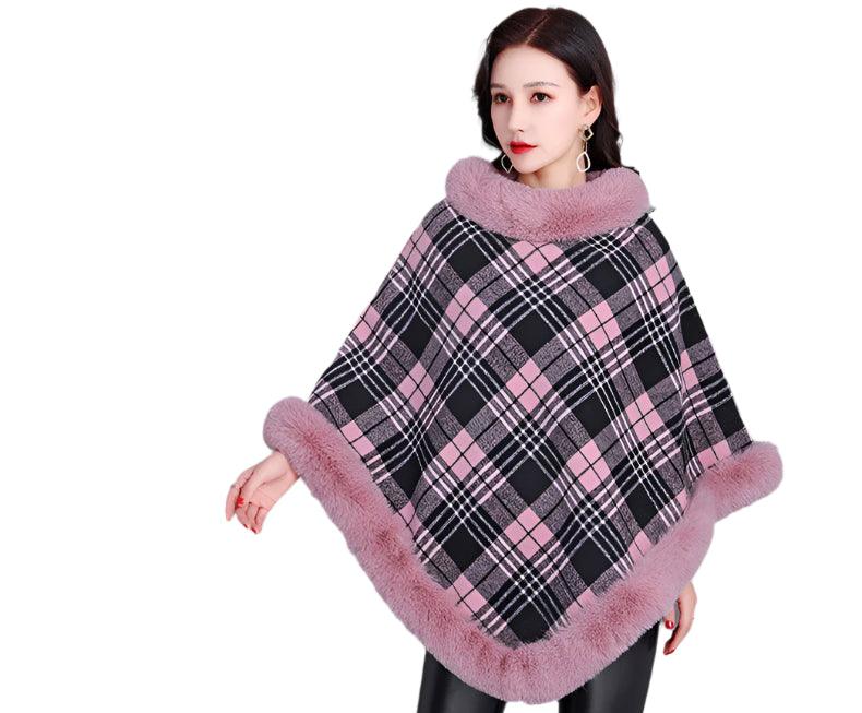 Party Outfit Grey Grid Winter Thick Warm Poncho with Faux Rabbit Fur Collar - JVMCL